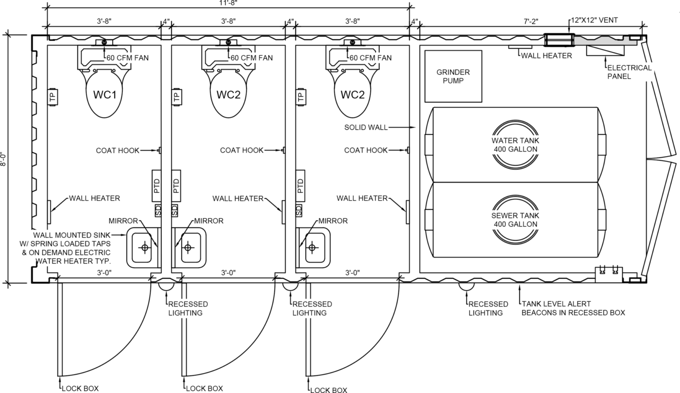 Interior floor plan drawing of a multi-stall luxury restroom trailer