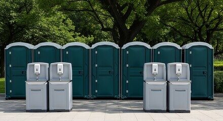 Row of freestanding hand-washing stations staged for a Newport Beach event